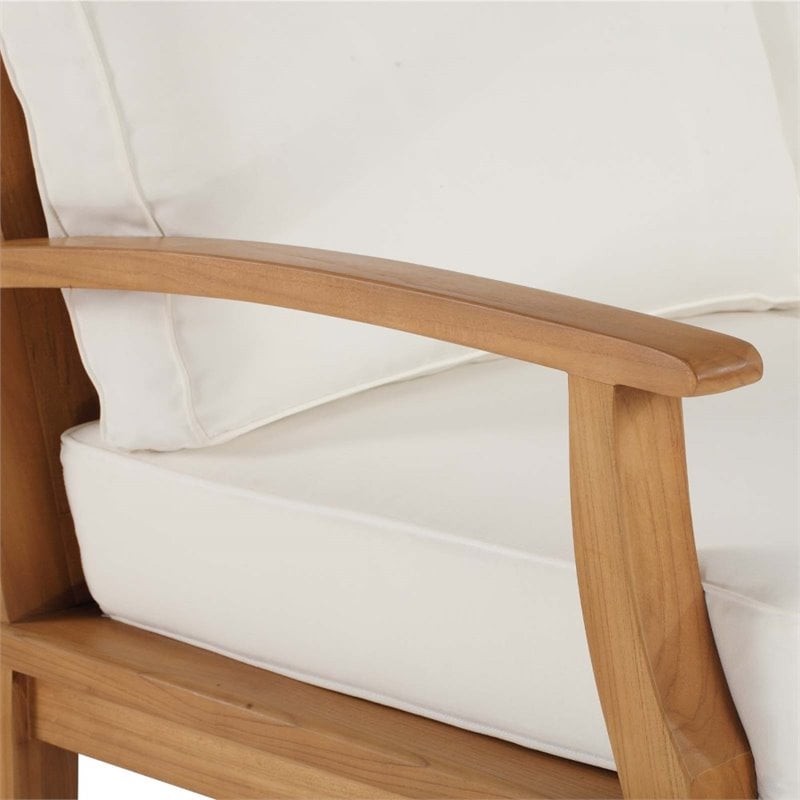 Modway Marina Teak Wood & Fabric Patio Sofa in Natural and White