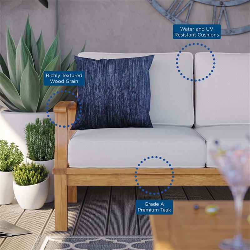 Modway Marina Teak Wood & Fabric Patio Sofa in Natural and White