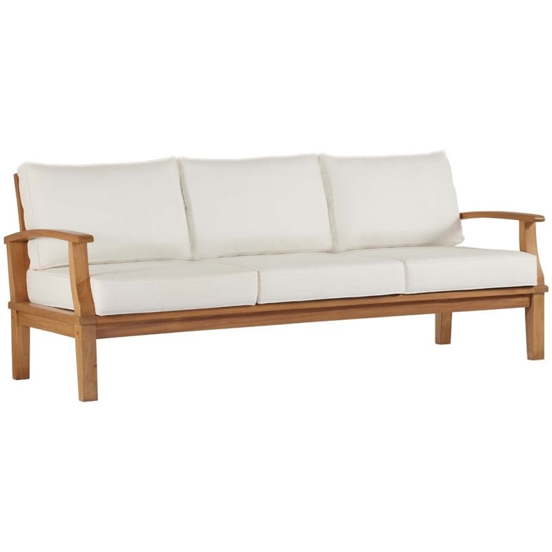 Modway Marina Teak Wood & Fabric Patio Sofa in Natural and White