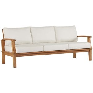 Modway Marina Teak Wood & Fabric Patio Sofa in Natural and White
