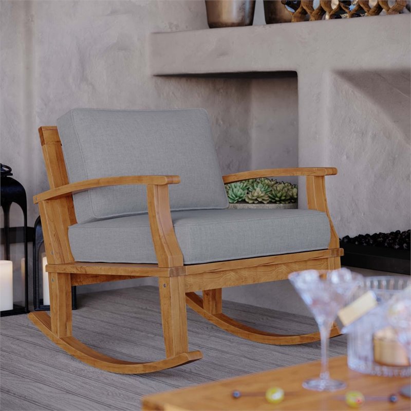 Modway Marina Solid Teak Wood Patio Rocking Chair in Natural and Gray