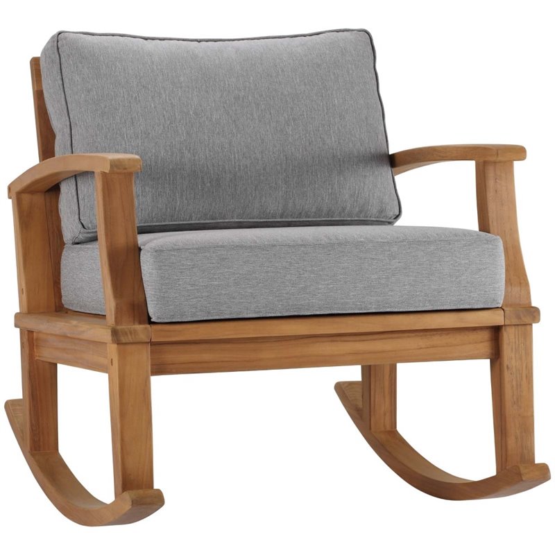 Modway Marina Solid Teak Wood Patio Rocking Chair in Natural and Gray