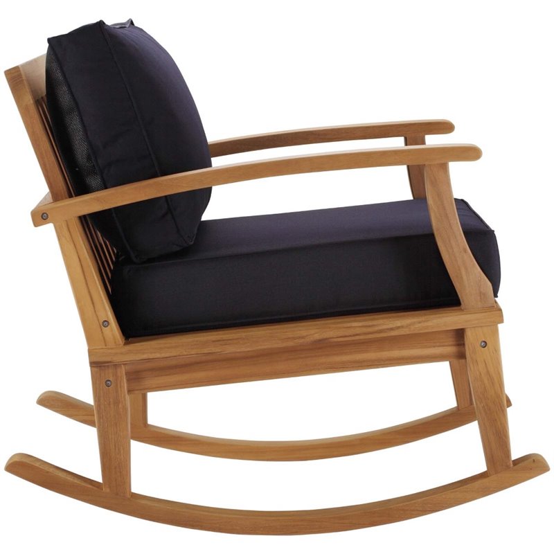 Modway Marina Solid Teak Wood Patio Rocking Chair in Natural and Navy