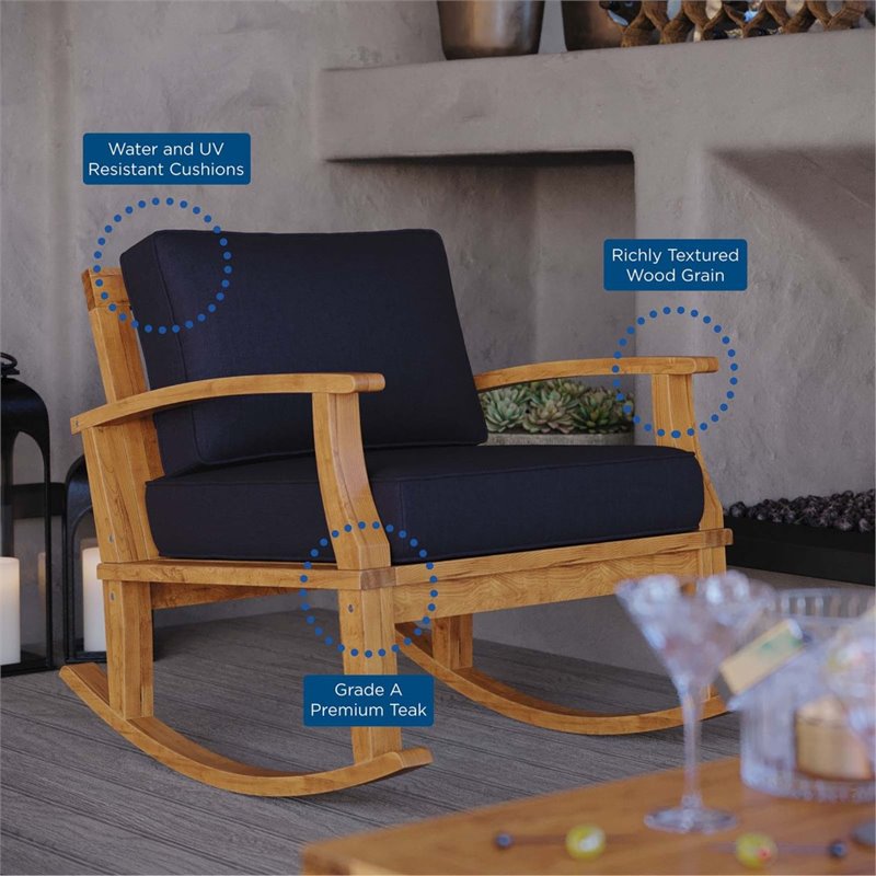 Modway Marina Solid Teak Wood Patio Rocking Chair in Natural and Navy