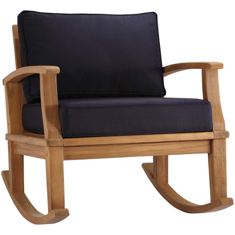 Modway Marina Solid Teak Wood Patio Rocking Chair in Natural and Navy