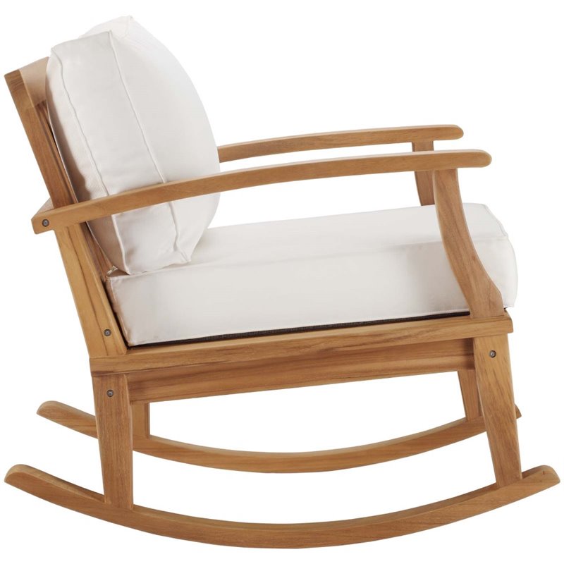 Modway Marina Solid Teak Wood Patio Rocking Chair in Natural and White