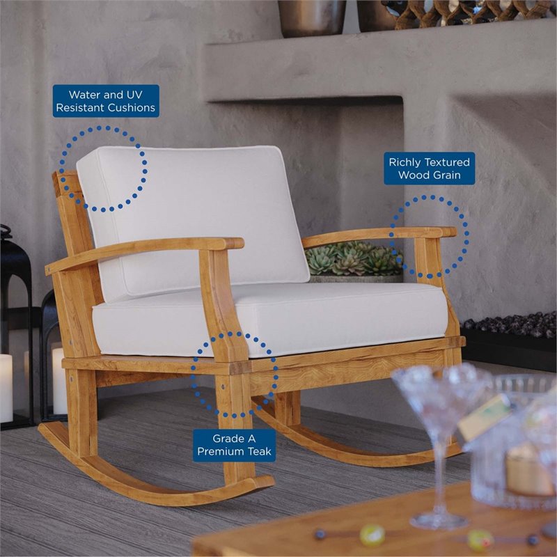 Modway Marina Solid Teak Wood Patio Rocking Chair in Natural and White