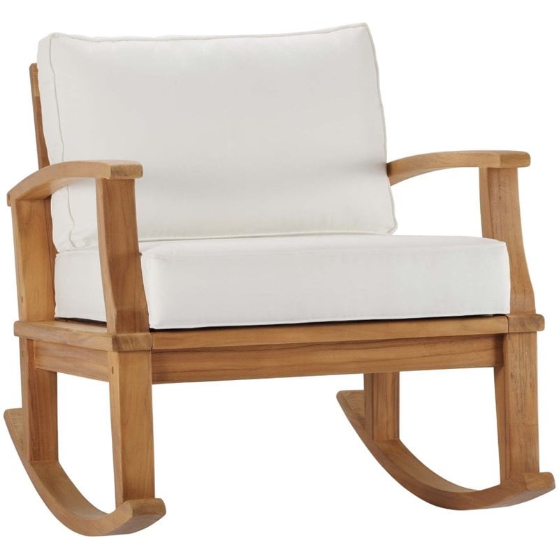 Modway Marina Solid Teak Wood Patio Rocking Chair in Natural and White