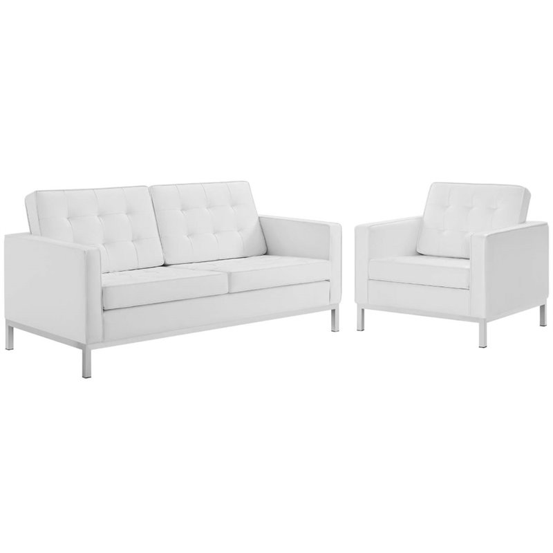 Modway Loft 2-Piece Modern Faux Leather Loveseat and Armchair Set in White