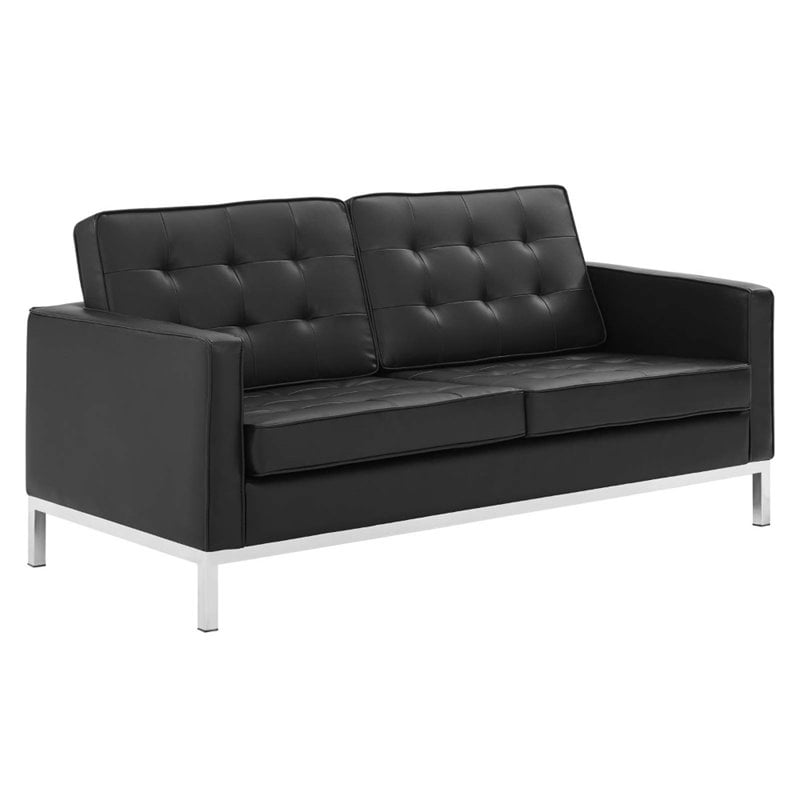 Modway Loft 3-Piece Tufted Upholstered Faux Leather Sofa Set in Black/Silver