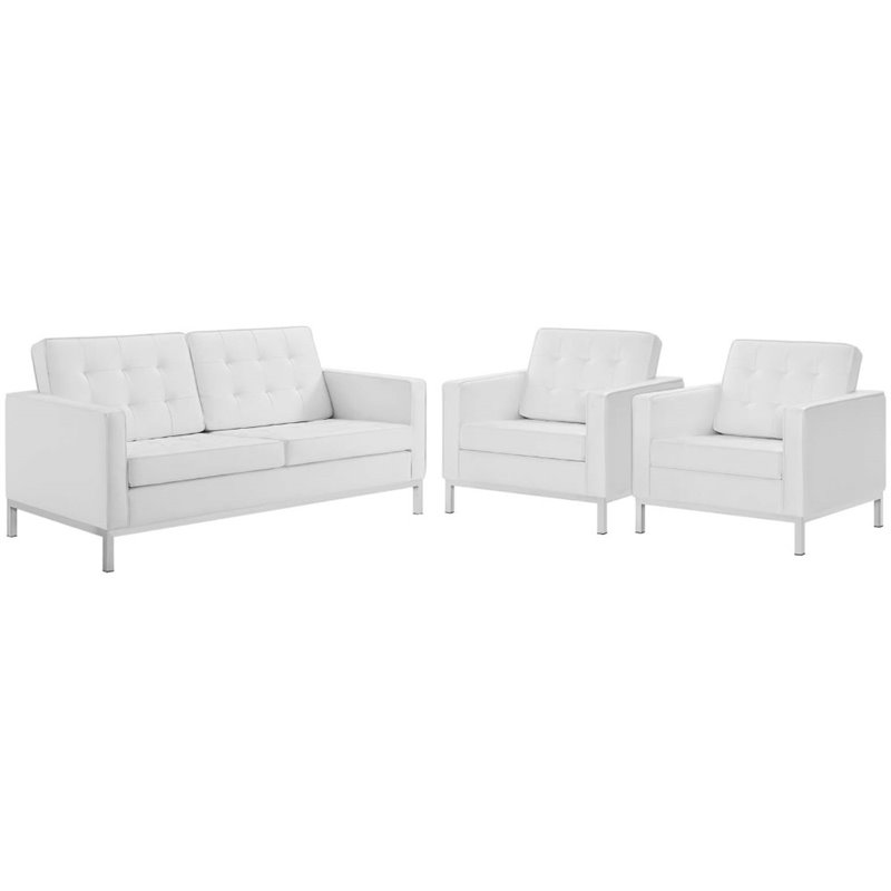 Modway Loft 3-Piece Modern Tufted Faux Leather Sofa Set in White/Silver