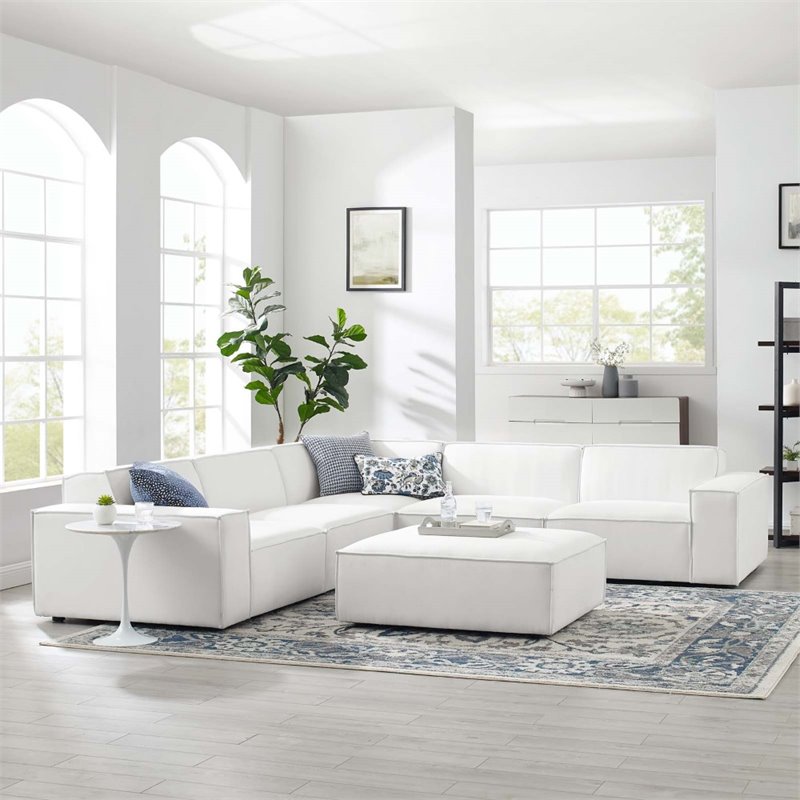 Modway Restore 6-Piece Modern Fabric Upholstered Sectional Sofa in White