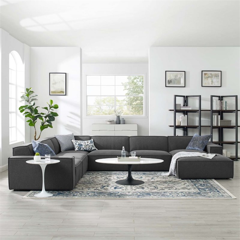 Modway Restore 7-Piece Modern Fabric Upholstered Sectional Sofa in Charcoal
