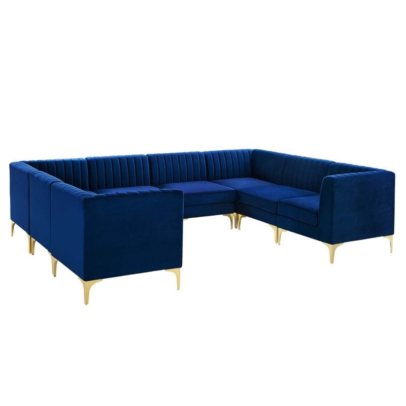 Modway Triumph 8-Piece Channel Performance Velvet Tufted Sectional Sofa in Navy