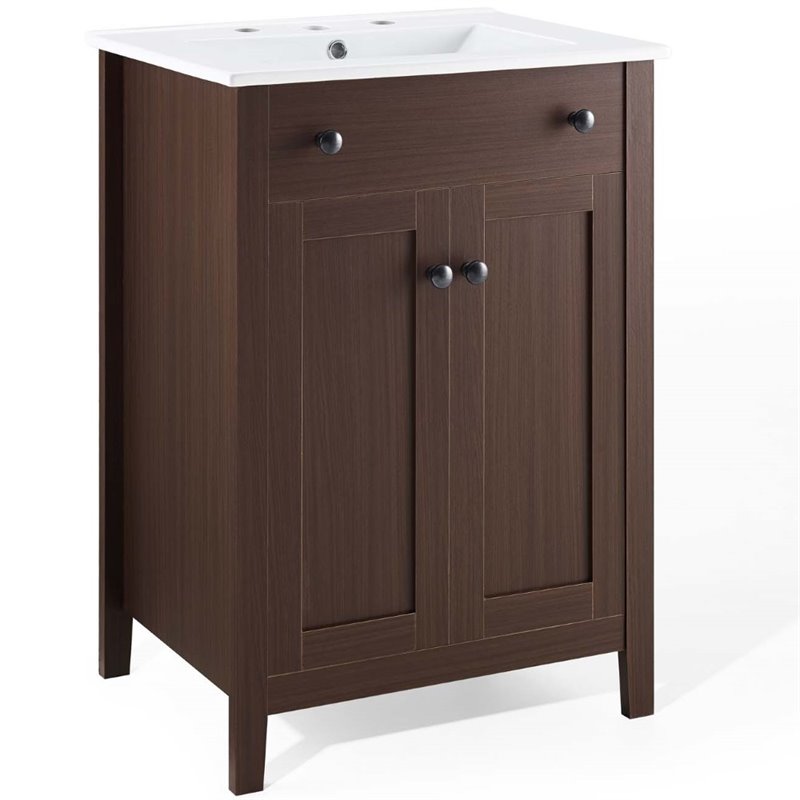 Modway Nantucket 24" Modern Wooden Bathroom Vanity in Walnut and White