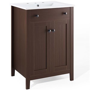 Modway Nantucket 24&quot Modern Wooden Bathroom Vanity in Walnut and White