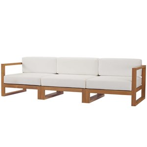 modway upland solid teak wood patio sofa in natural and white