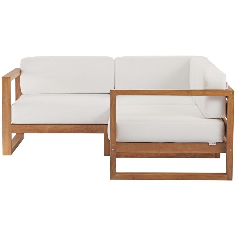Modway Upland 3-Piece Solid Teak Wood Patio Sectional Sofa in Natural & White