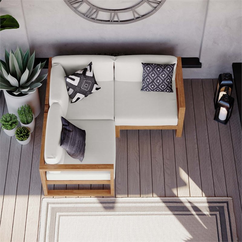 Modway Upland 3-Piece Solid Teak Wood Patio Sectional Sofa in Natural & White