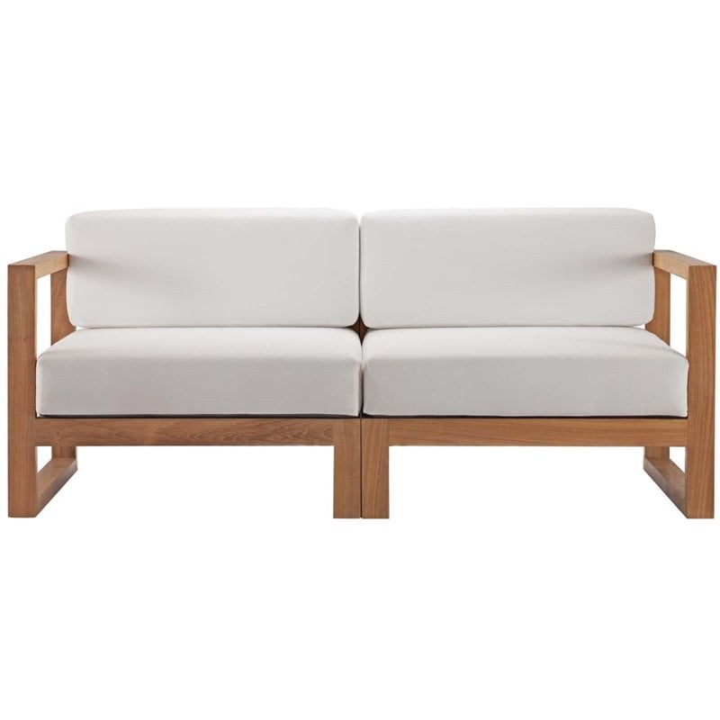 Modway Upland 2-Piece Solid Teak Wood Patio Loveseat in Natural and White