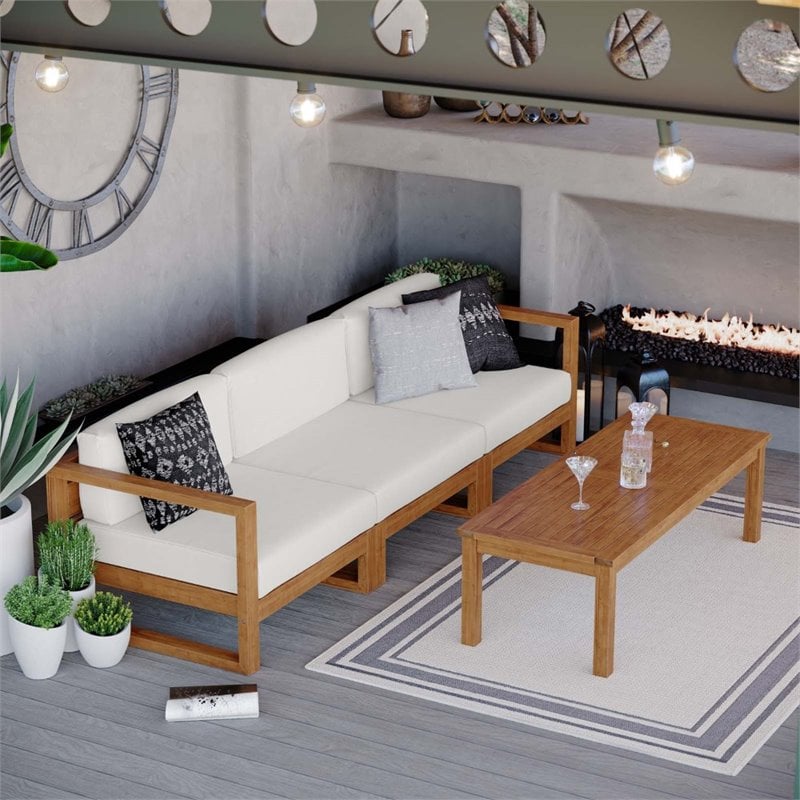 Modway Upland 4-Piece Teak Wood Patio Furniture Set in Natural and White