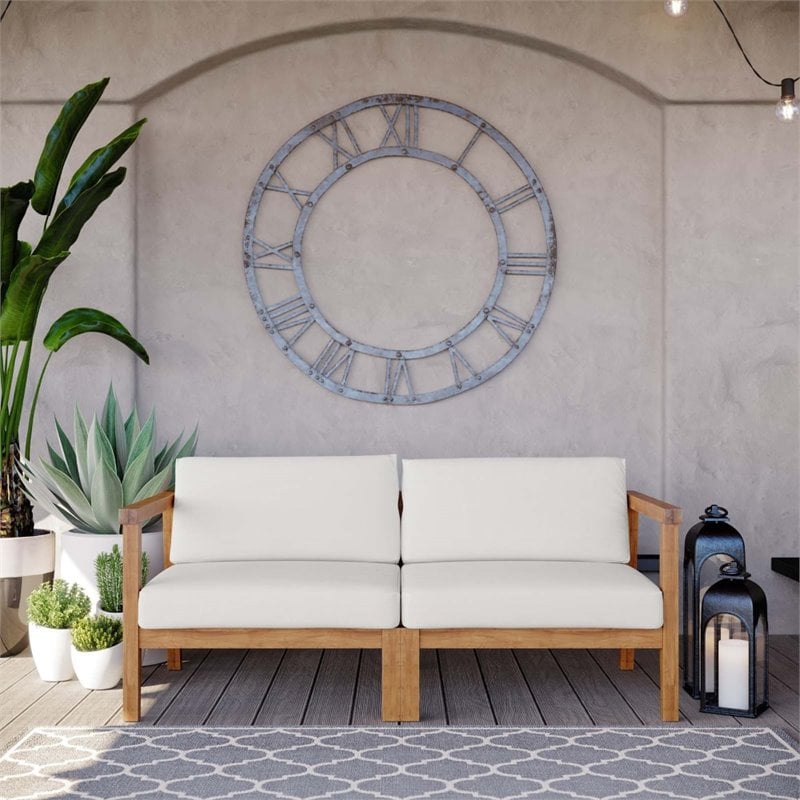 Modway Bayport 2-Piece Fabric & Teak Wood Patio Loveseat in Natural and White