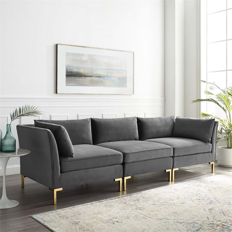Modway Ardent 3-Seater Performance Velvet Sofa in Gray & Gold