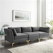 Modway Ardent 3-Seater Performance Velvet Sofa in Gray & Gold