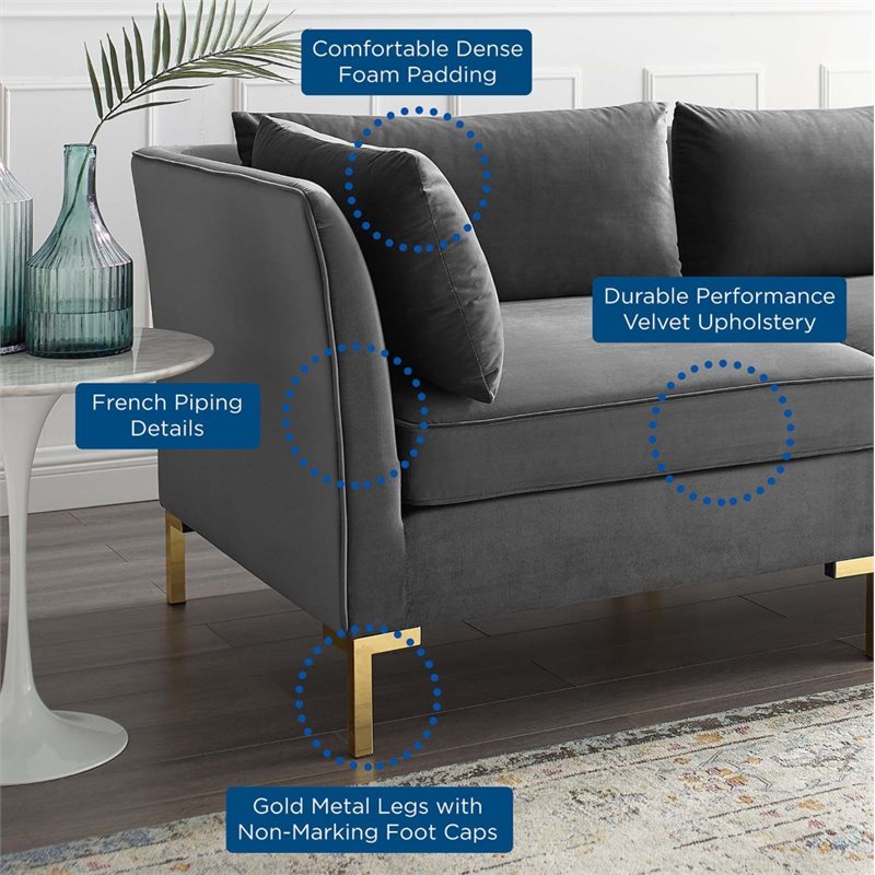 Modway Ardent 3-Seater Performance Velvet Sofa in Gray & Gold