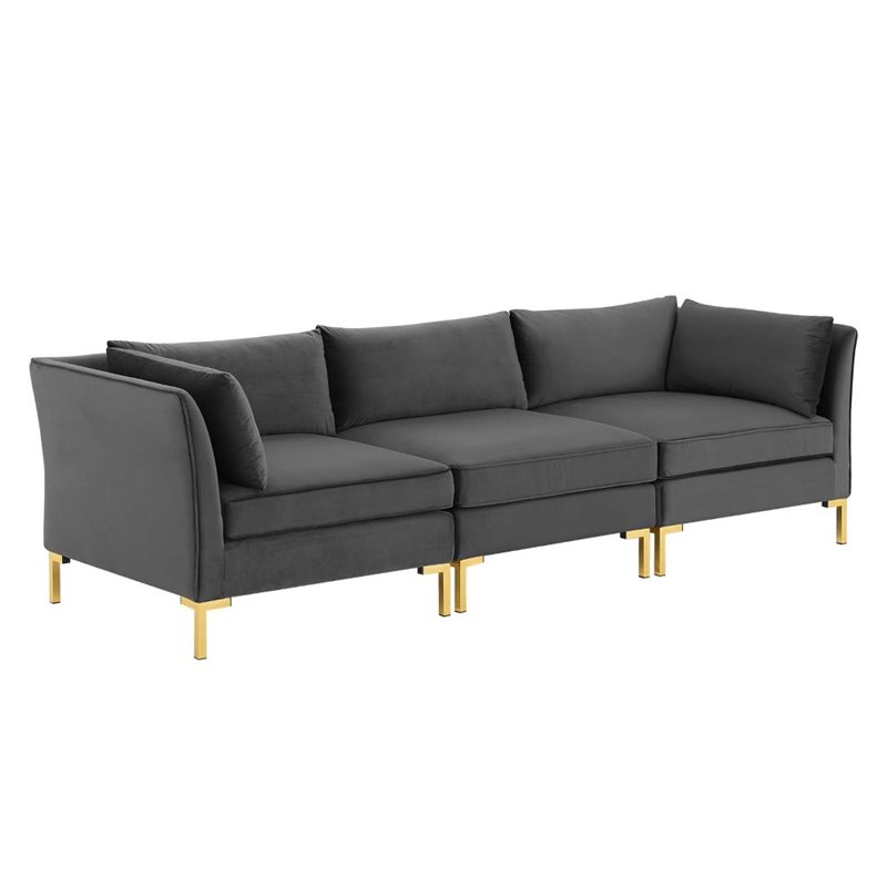 Modway Ardent 3-Seater Performance Velvet Sofa in Gray & Gold