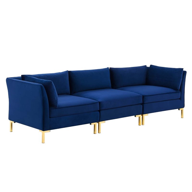 Modway Ardent 3-Seater Performance Velvet Sofa in Navy & Gold
