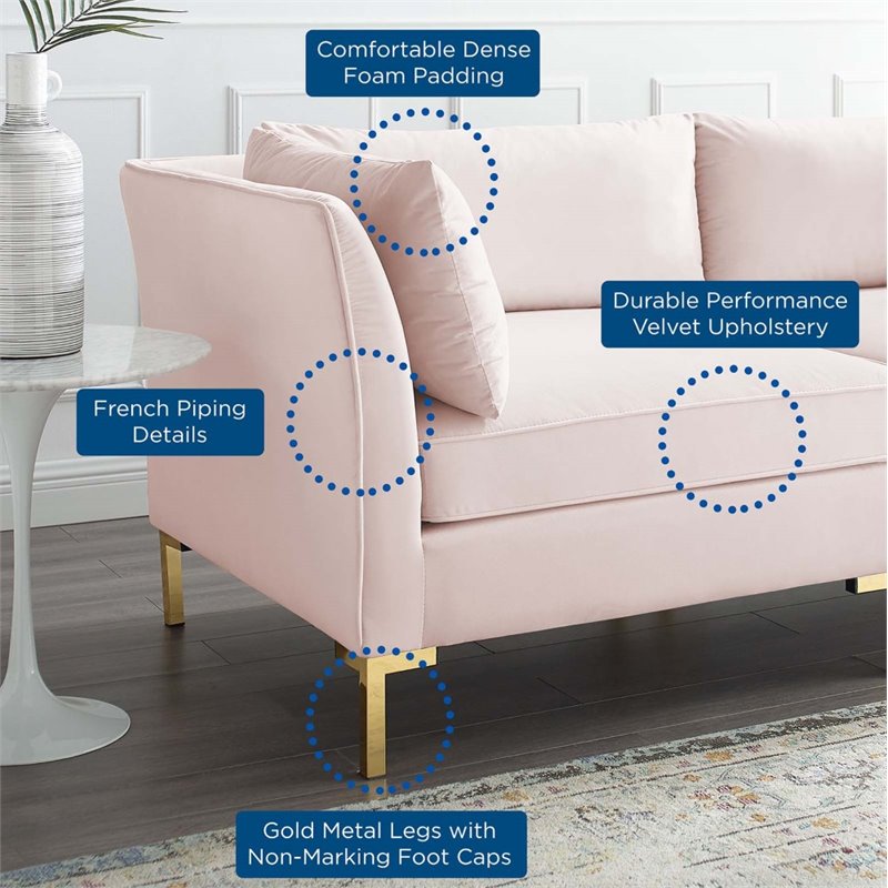 Modway Ardent 3-Seater Performance Velvet Sofa in Pink & Gold