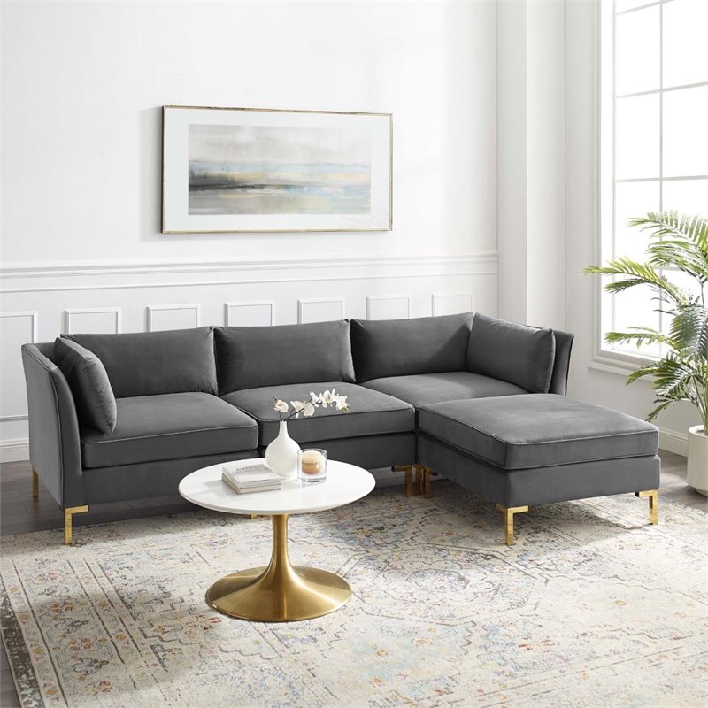 Modway Ardent 4-Piece Performance Velvet Modular Sectional Sofa in Gray