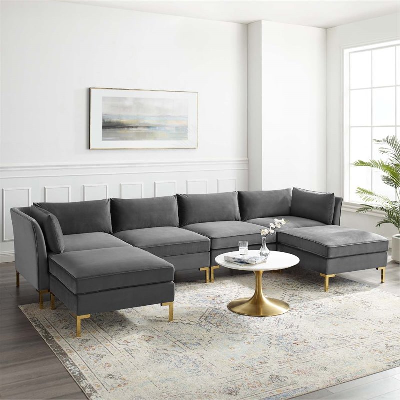 Modway Ardent 6-Piece Performance Velvet Modular Sectional Sofa in Gray