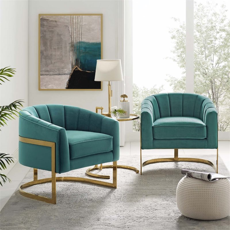 Modway Esteem Accent Performance Velvet Tufted Arm Chair in Teal (Set