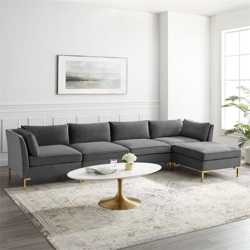 Modway Ardent 5-Piece Performance Velvet Modular Sectional Sofa in Gray