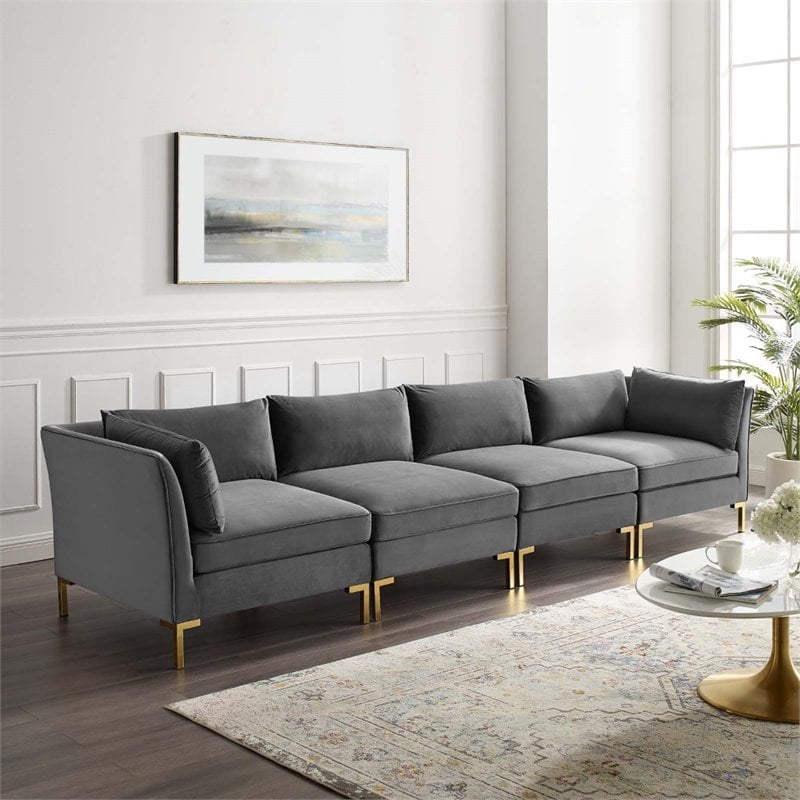 Modway Ardent 4-Seater Performance Velvet Modular Sofa in Gray