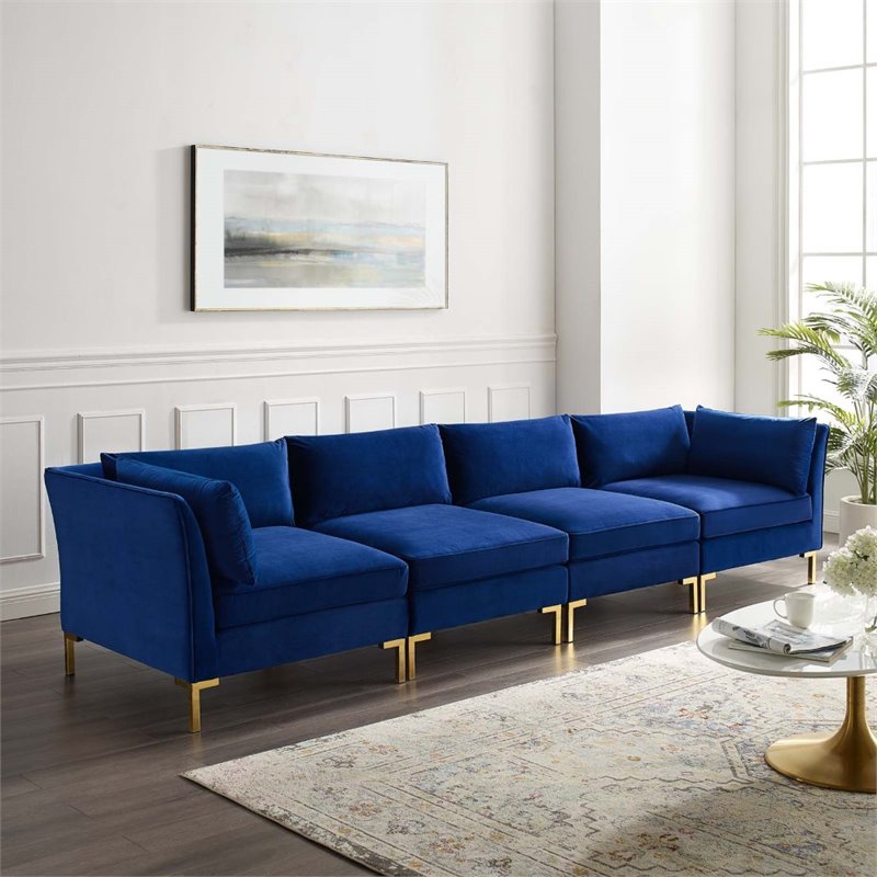 Modway Ardent 4-Seater Performance Velvet Modular Sofa in Navy