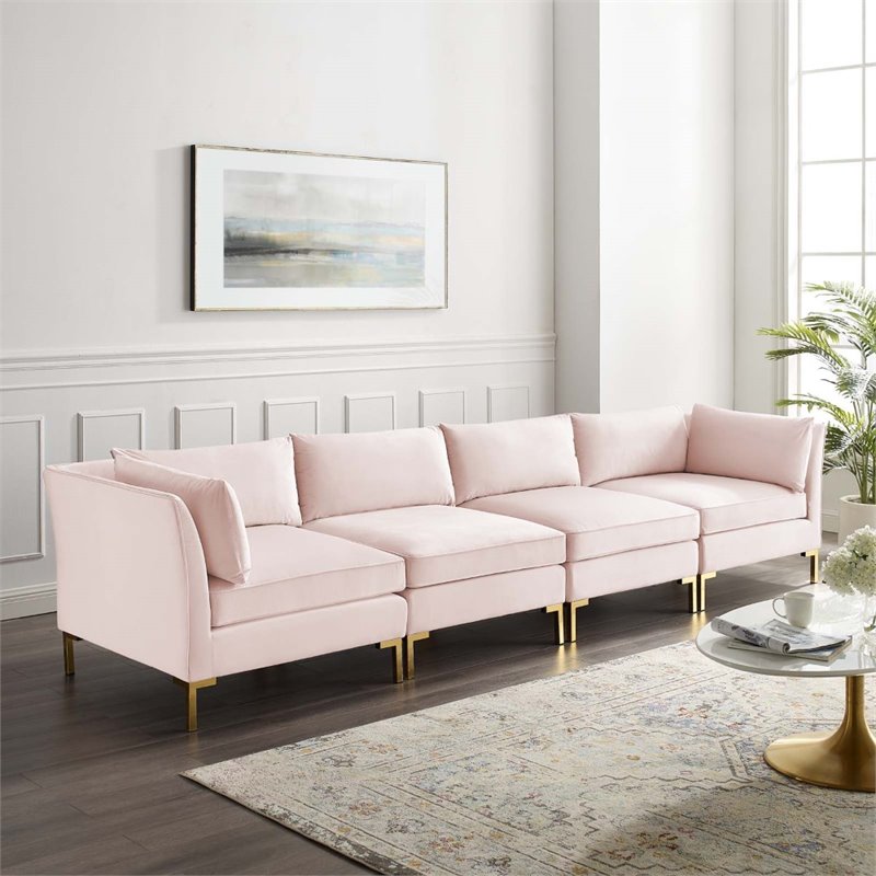 Modway Ardent 4-Seater Performance Velvet Modular Sofa in Pink