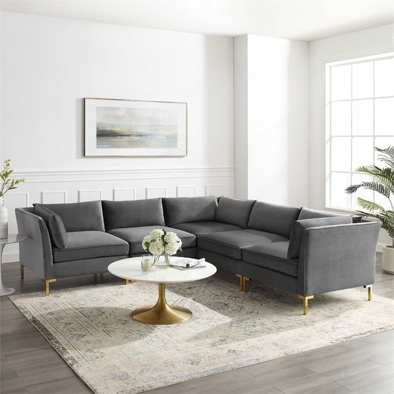 Modway Ardent 5-Piece Performance Velvet Modular Sectional Sofa in Gray/Gold