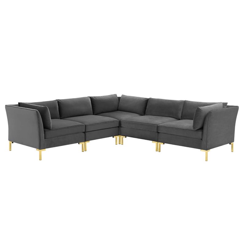 Modway Ardent 5-Piece Performance Velvet Modular Sectional Sofa in Gray/Gold