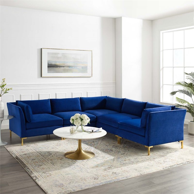 Modway Ardent 5-Piece Performance Velvet Modular Sectional Sofa in Navy/Gold