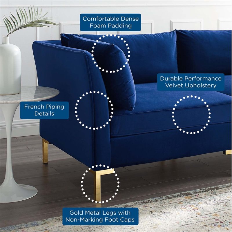 Modway Ardent 5-Piece Performance Velvet Modular Sectional Sofa in Navy/Gold