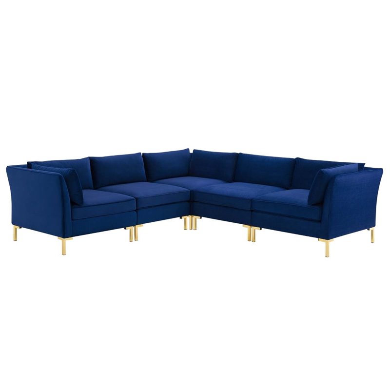 Modway Ardent 5-Piece Performance Velvet Modular Sectional Sofa in Navy/Gold