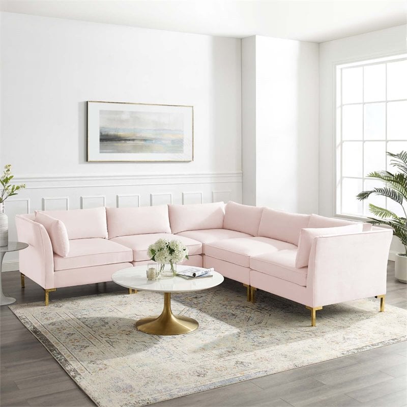 Modway Ardent 5-Piece Performance Velvet Modular Sectional Sofa in Pink/Gold