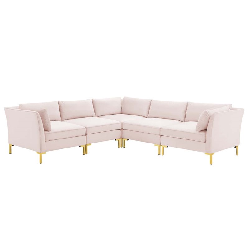 Modway Ardent 5-Piece Performance Velvet Modular Sectional Sofa in Pink/Gold