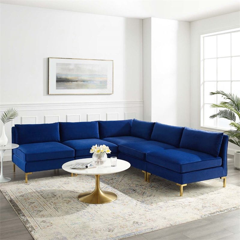 Modway Ardent 5-Piece Performance Velvet Sectional Sofa in Navy/Gold