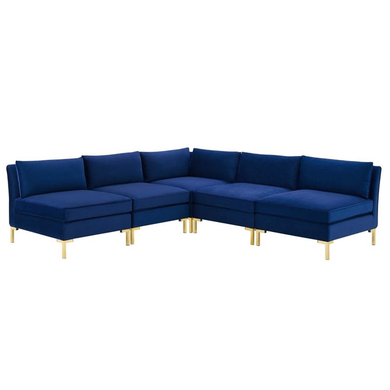 Modway Ardent 5-Piece Performance Velvet Sectional Sofa in Navy/Gold