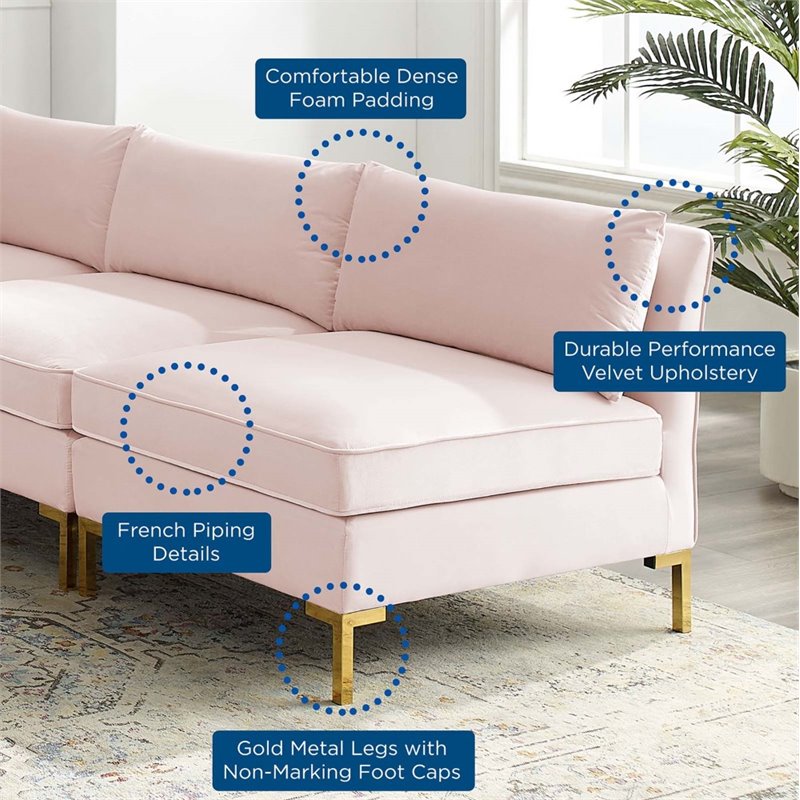 Modway Ardent 5-Piece Performance Velvet Sectional Sofa in Pink/Gold
