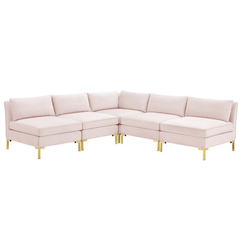 Modway Ardent 5-Piece Performance Velvet Sectional Sofa in Pink/Gold